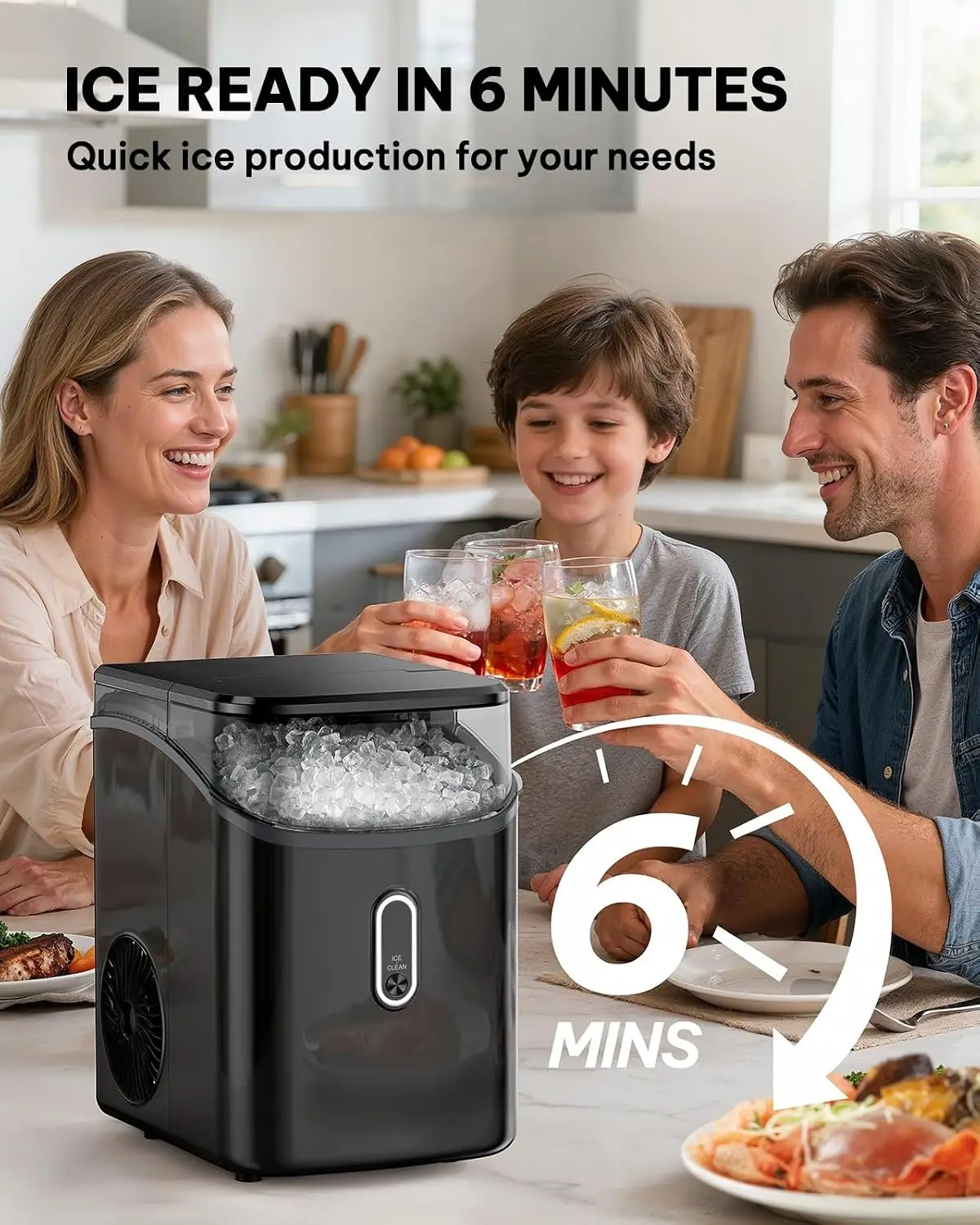 Nugget Ice Maker Countertop, Pebble Ice Makers with Crushed Soft Chewable Ice, 33lbs Per Day with Scoop, Pellet Portable Ice