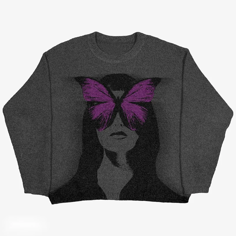 Butterfly Anime Girl Knitwear Sweater Pullovers 2024 Winter Harajuku Y2k Vintage Men\'s Jumpers Wool Women\'s Sweater Sweatshirts