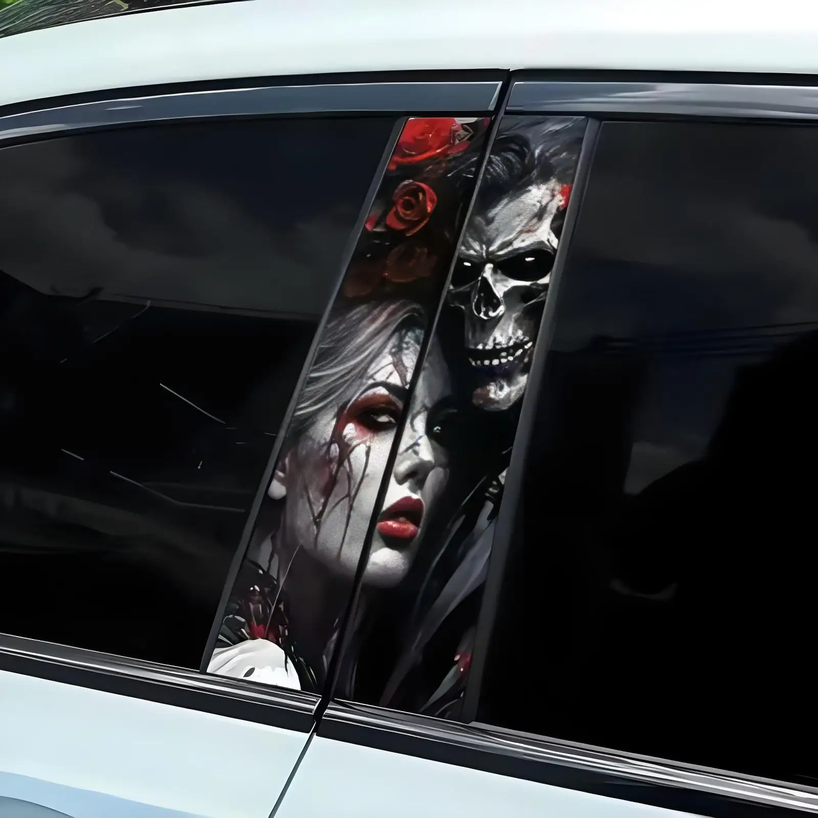 

1 Pair Gothic skeleton couple car sticker waterproof B-pillar decoration DIY Halloween decoration car door post sticker