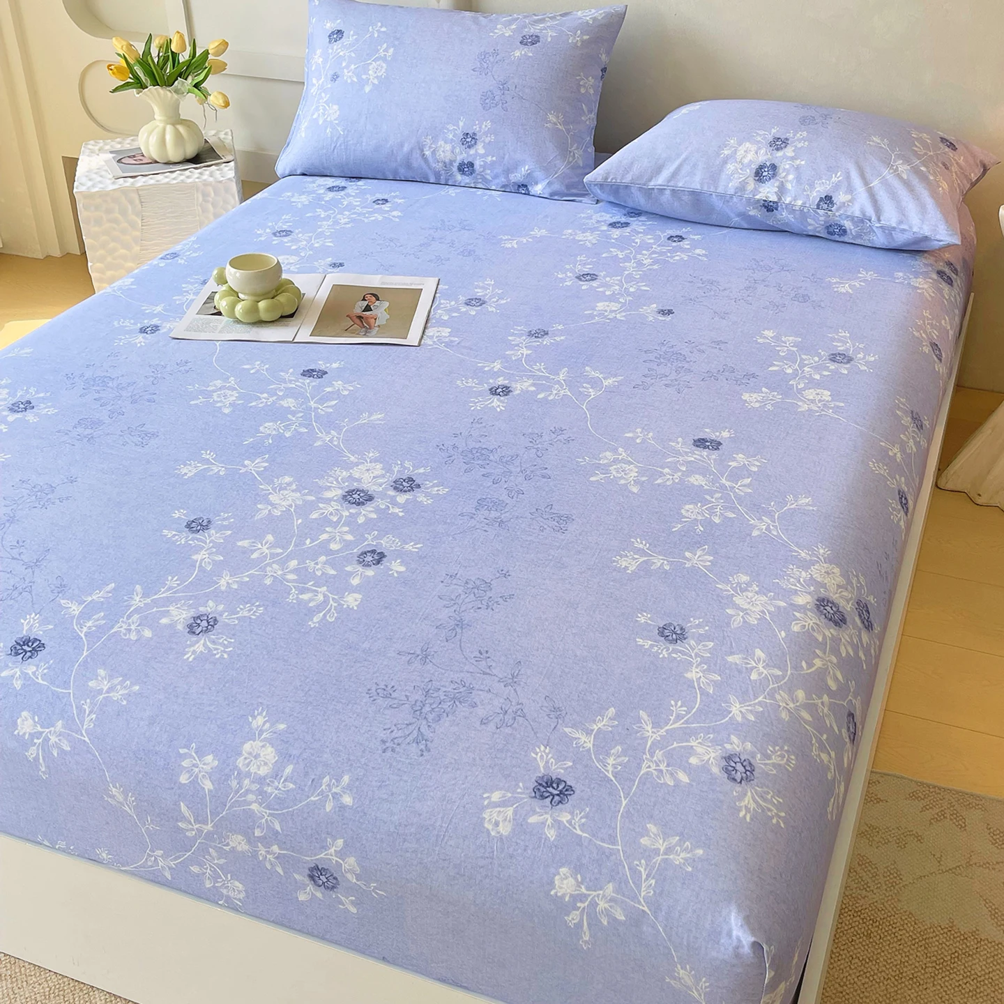 100%Cotton Bed Sheet Single/Queen/King Blue Flower Printed Bed Sheets for Home sabana para cama High Quality Cotton draps lit