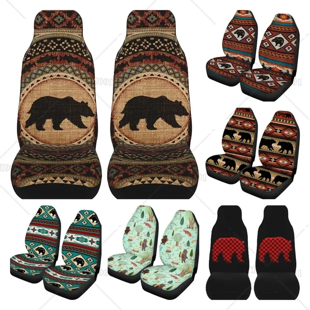 Vintage niedźwiedź brązowy zestaw pokrowców na siedzenia samochodowe 2 Pcs przednie siedzenie akcesoria ochronne do uniwersalnego samochodu SUV ciężarówka Van zestaw pokrowców na siedzenia samochodowe