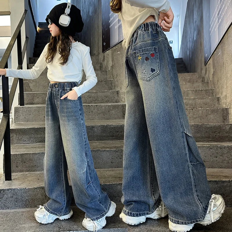 New 2025 Spring Teenagen Girls Jeans Five-Pointed Star Embroidered Wide Leg Long Pants Baggy Denim Trousers for 4-13yrs Kids