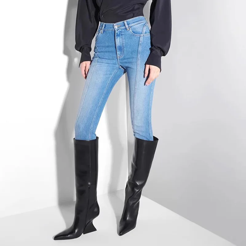 Hksh primavera outono novas mulheres jeans fino ajuste divisão angustiado lavado denim retro high street elegante moda lápis calças hk17858