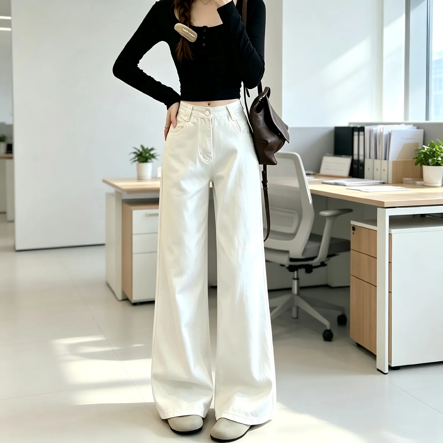 Women's Jeans Pants Loose Fit Summer High Waist Trendy Wide Leg Palewash White Washed Denim For Short Petite