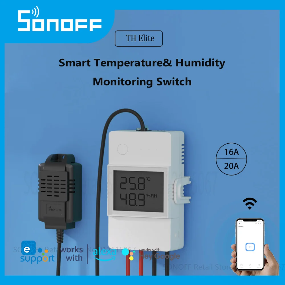 SONOFF TH Elite with Sensor WiFi Smart Switch Temperature Humidity Detector Monitor Remote Control Work with Google Home, Alexa