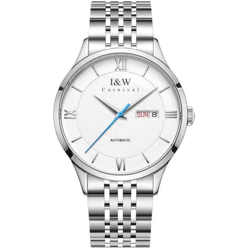 I&W Carnival Automatic Mechanical Watch for Men White Roman Dial MIYOTA Movement Date Display Business Dress Wristwatch Male