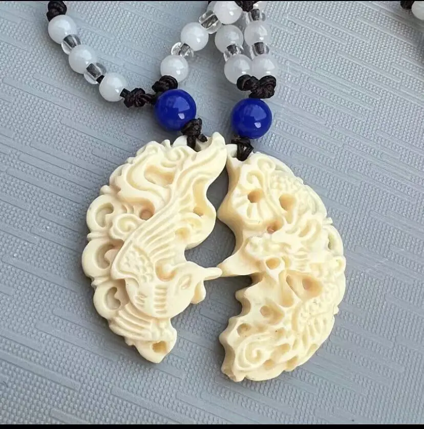 Pure Natural Ivory Fruit Necklace Pendant Carved Dragon and Phoenix Chengxiang Brand for Men and Women Couple Lover's Jewelry