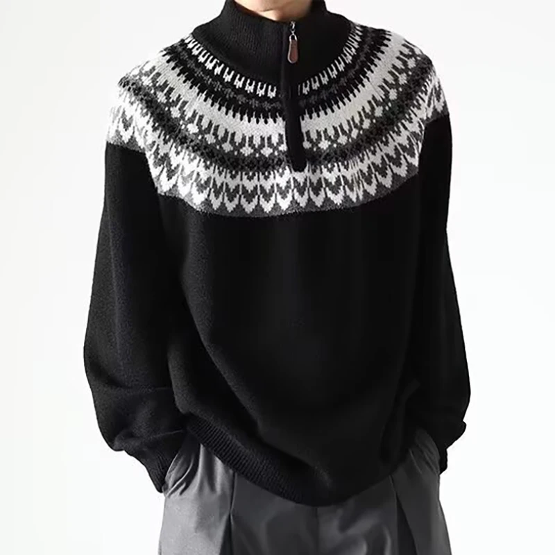 

Fair Isle Men's Zipper Sweater Pullover Autumn Winter Thicke Wool Casual Half-Zipper Design Jacquard Christmas Sweater Knitwear