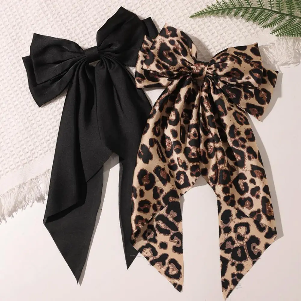 

1/2Pcs Women Hair Bow Smooth Satin Bowknot Hair Clips Leopard Print Long Tail Design Hairpin Hair Accessories
