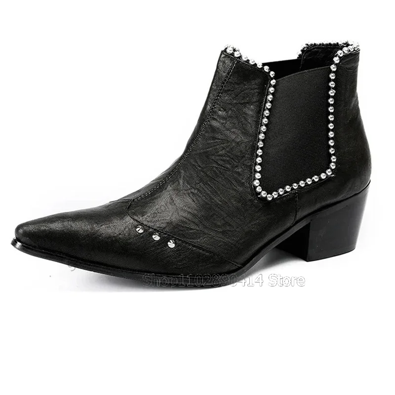 Ankle Boots masculinos feitos à mão, decoração de rebites prateados, botas pretas, moda de luxo, banquete, escritório, sapatos de vestido, festa