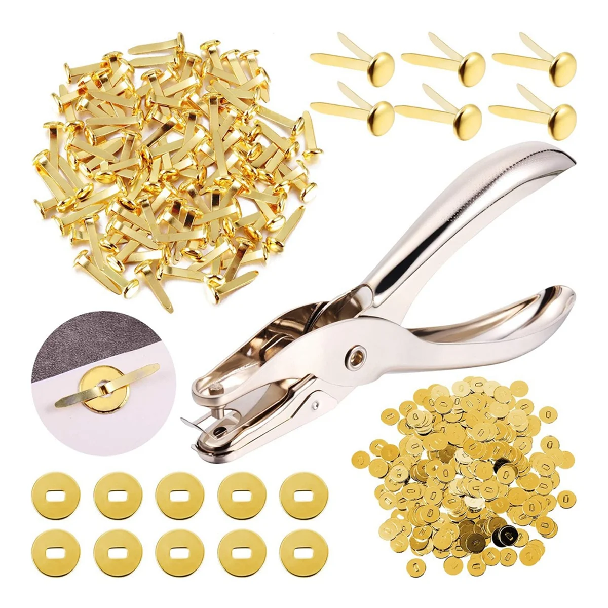 Tools 300 Pieces 3/4 Inch Brass Paper Fasteners Paper Brads, and 300 Pieces Plated Brass Washers with Hole Punch Gold, 20mm