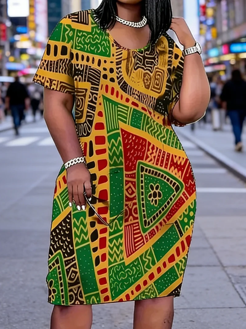 

Plus Size Women Casual Short Sleeve Dress Color Block Geometric Print Lightweight Comfortable Summer Outfits