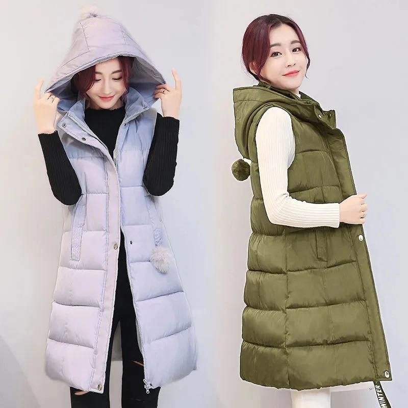 

2024 New Mid-length Down Cotton Women's Vest Coat Autumn Winter Solid Color Hooded Casual Zipper Waistcoat Ladies Vest Jacket