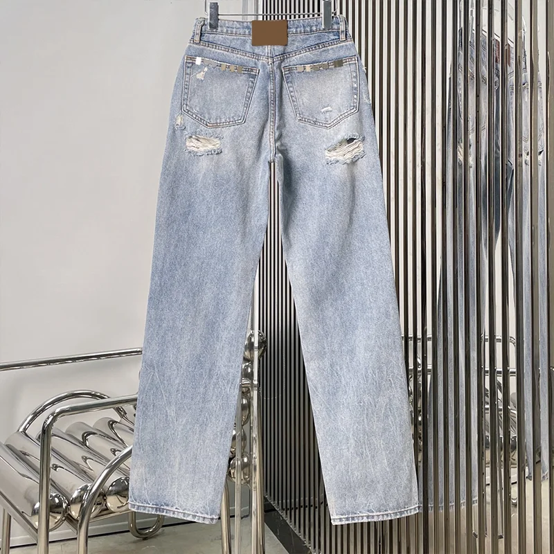 고품질 베거 스타일 멀티 리벳 여성 데님 청바지, 찢어진 구멍, 헤진 가장자리, 워싱된 룩 바지 25101802