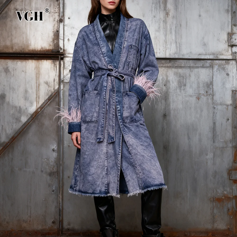 

VGH Дизайнерские утягивающие джинсовые куртки со страусиными перьями для женщин с v-образным вырезом и длинным рукавом, осеннее повседневное пальто, женская мода, новинка