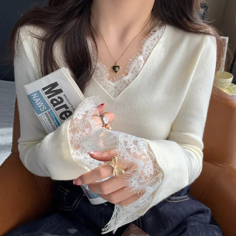 Knitted Sweater Women Pullovers New Long Sleeve V-Neck Black Lace Knit Sweater Pullover Women Tops Sweaters Women Clothing Q2078