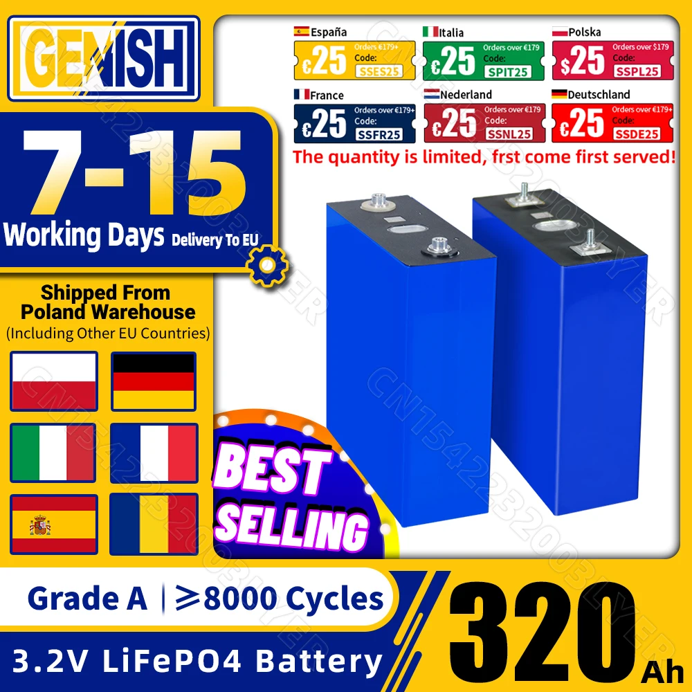 Batería LiFePO4 de grado A de 8000 ciclos, pila recargable de 3,2 V, célula de fosfato de hierro y litio, bricolaje, 12V, 24V, 48V, RV, EV, Vans, carrito de Golf, novedad