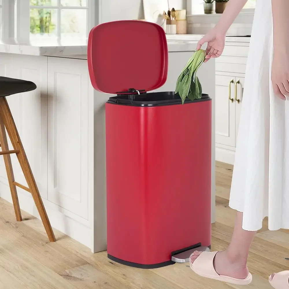 

13 Gallon Red Kitchen Trash Can with Pedal, Stainless Steel, Removable Inner Bucket