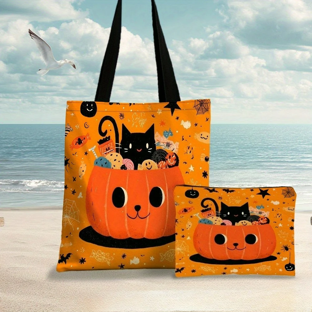 Pumpkin Cat Candy View Tote Bag Beach Bag with Makeup Bag Stylish Durable Shopping Bag Shoulder Bag Travel Toiletry Bag