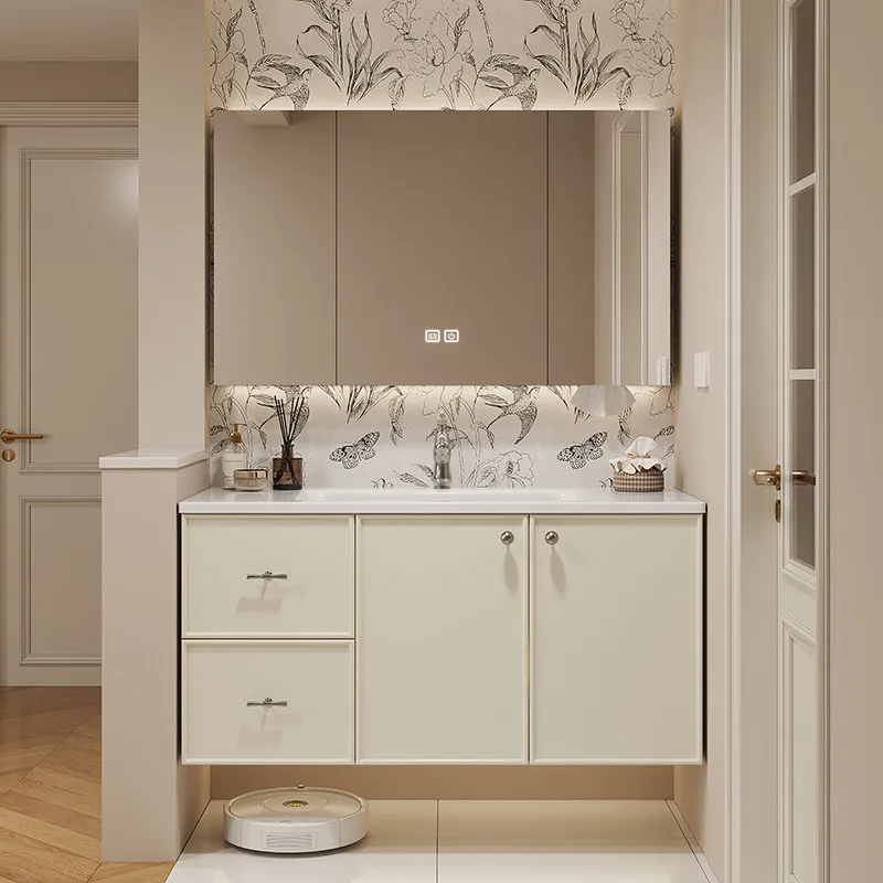 

Тумба для ванной из каучукового дерева с керамической интегрированной раковиной, умывальник.