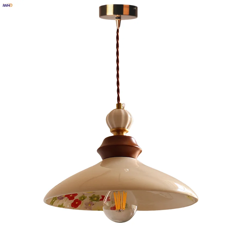 

IWHD Flower White Ceramic LED Pendant Lights Restaurant Hallway Home Decor Nordic Modern Wood Indoor Lighting Hang Lamp Lamparas