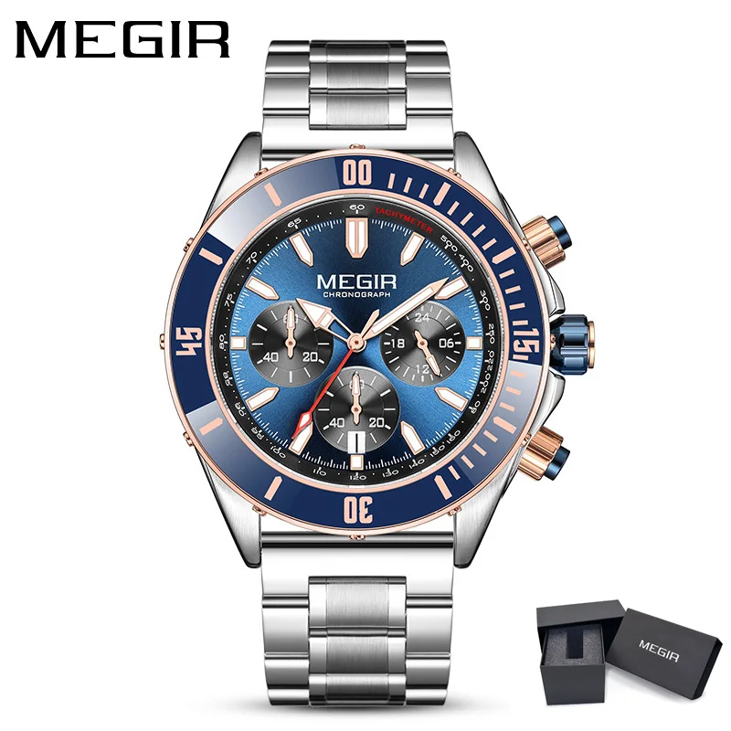 MEGIR 2226 Men Quartz Watch Silver Blue Black Business Chronograph Luminous Wristwatch with Stainless Steel Silicone Strap