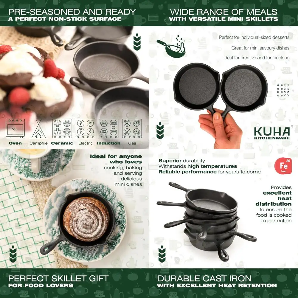 

Set of 6 Black Non-Stick Mini Skillets with Lids, Silicone Trivets, and Scraper