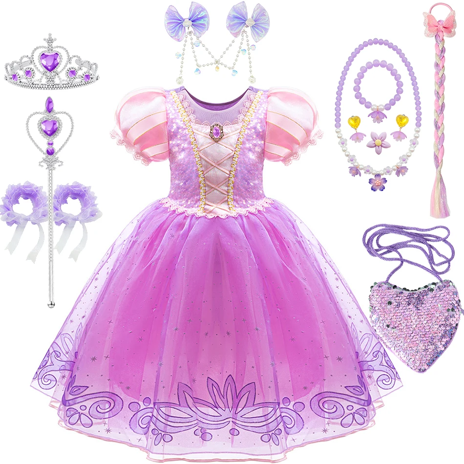 Princess Rapunzel Dress Girls Purim Party Kids Luxury Fluffy Elegant Gown Lace Sequin Princess Outfits Carnival Fantasy Clothes