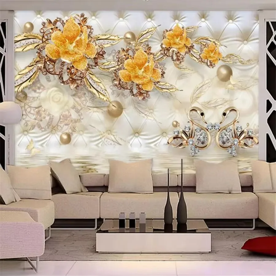 خلفية مخصصة موضة ثلاثية الأبعاد الجداريات الفاخرة الزهور الذهبية حزمة لينة الكرة مجوهرات غرفة المعيشة تلفزيون حائط الخلفية ورق ديكور المنزل