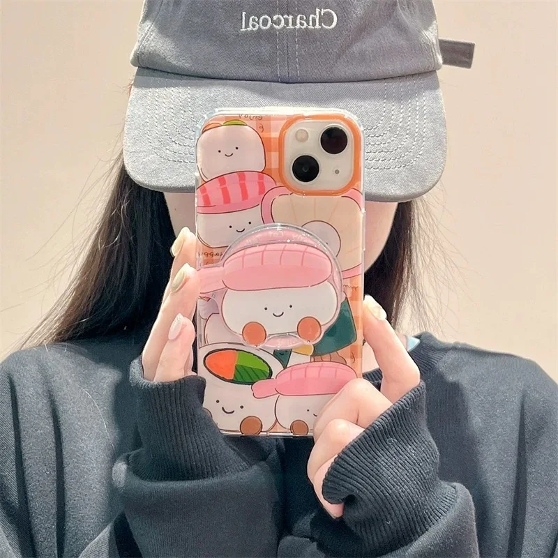 Japan Cute Delicious Sweet Shrimp Sushi Magsafe Wireless Charge Case For iPhone 13 14 15 16 Pro Max Shrimp Sushi Magnetic Stand