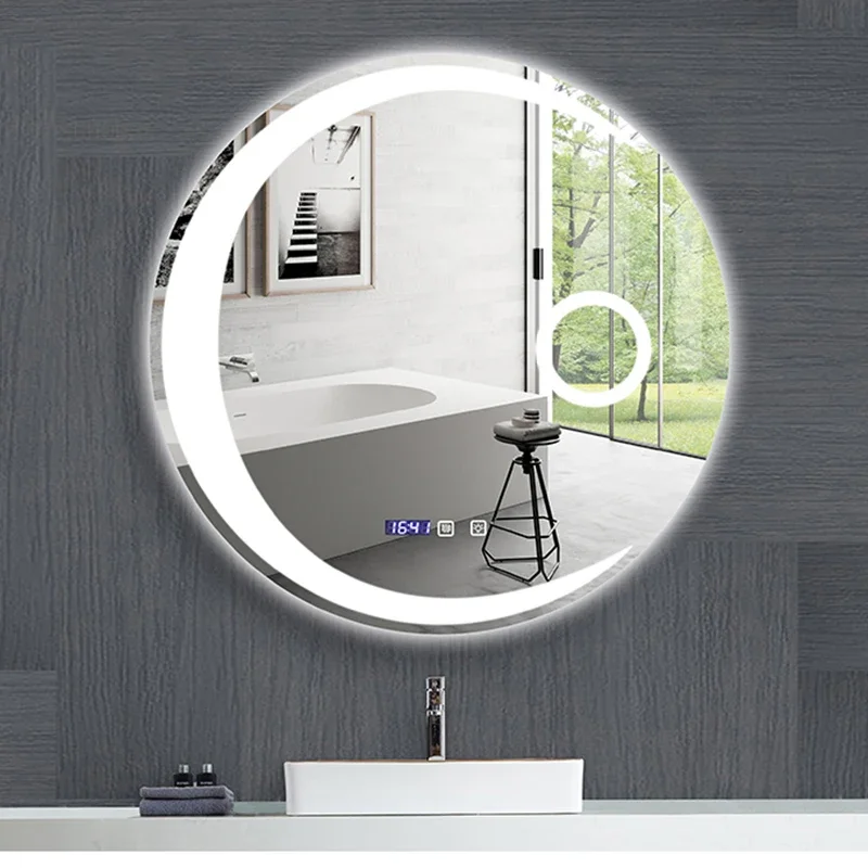 モダンなインテリジェントバスミラーホームタッチスクリーンバスルームミラー壁掛け月型ラウンド化粧鏡 LEDライト付き