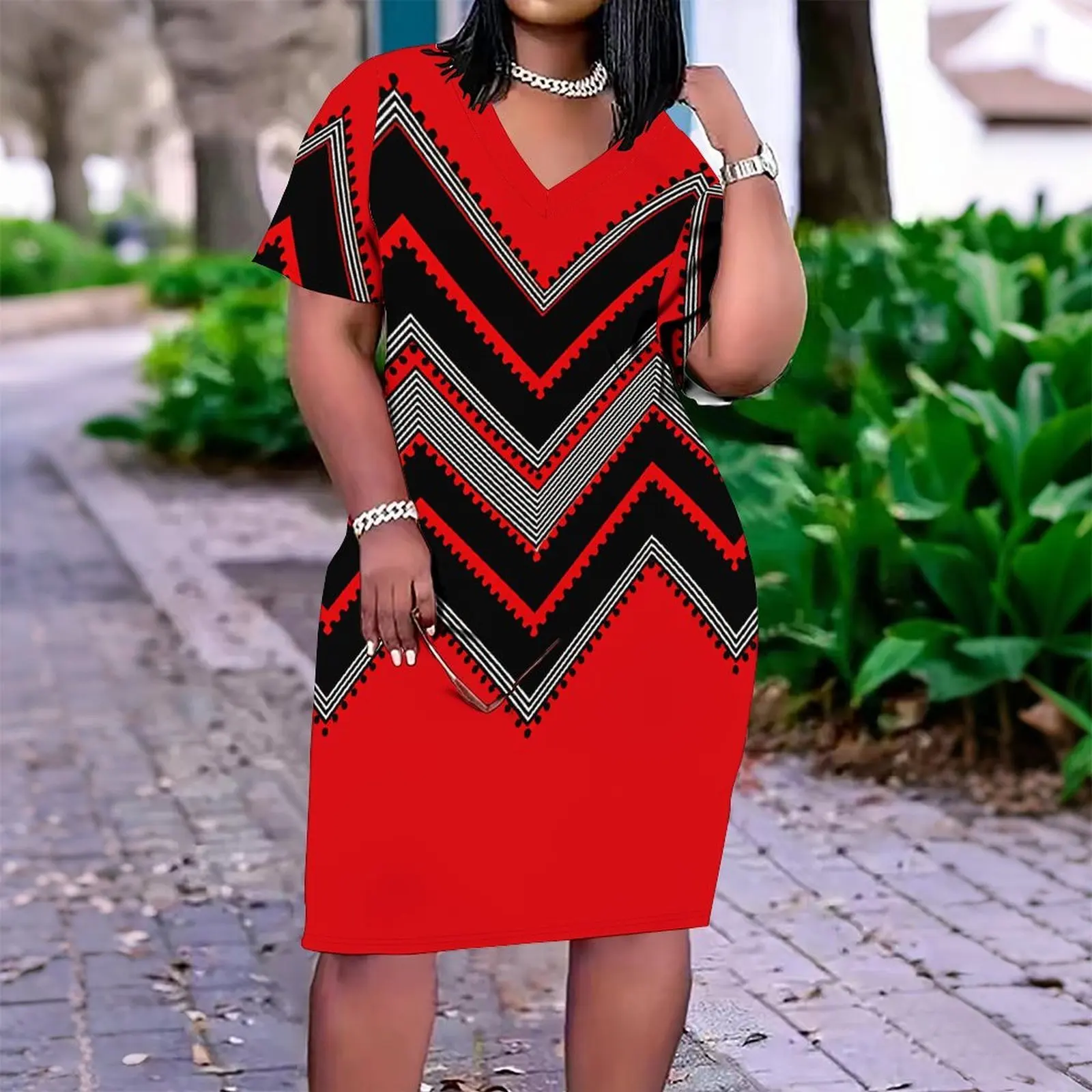 Plus Size Summer Mini Skirt Women's Commuting Casual Short-sleeved Skirt Ladies Sexy V-neck Printed Dress Daily Wear