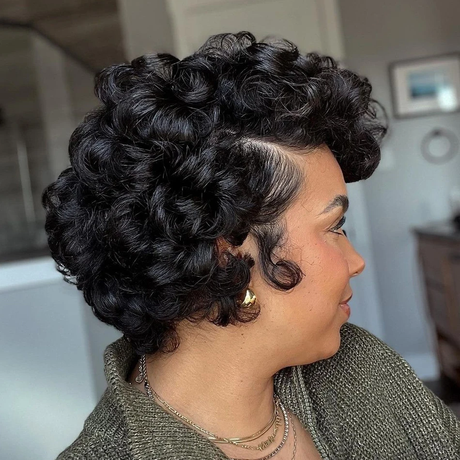 قصيرة مجعد عابث قطع شعر مستعار شعر الإنسان للنساء الأسود الطبقات 13x4x1 T-جزء الدانتيل الجبهة شعر بشري قصير عابث قطع غلويليس شعر مستعار #2