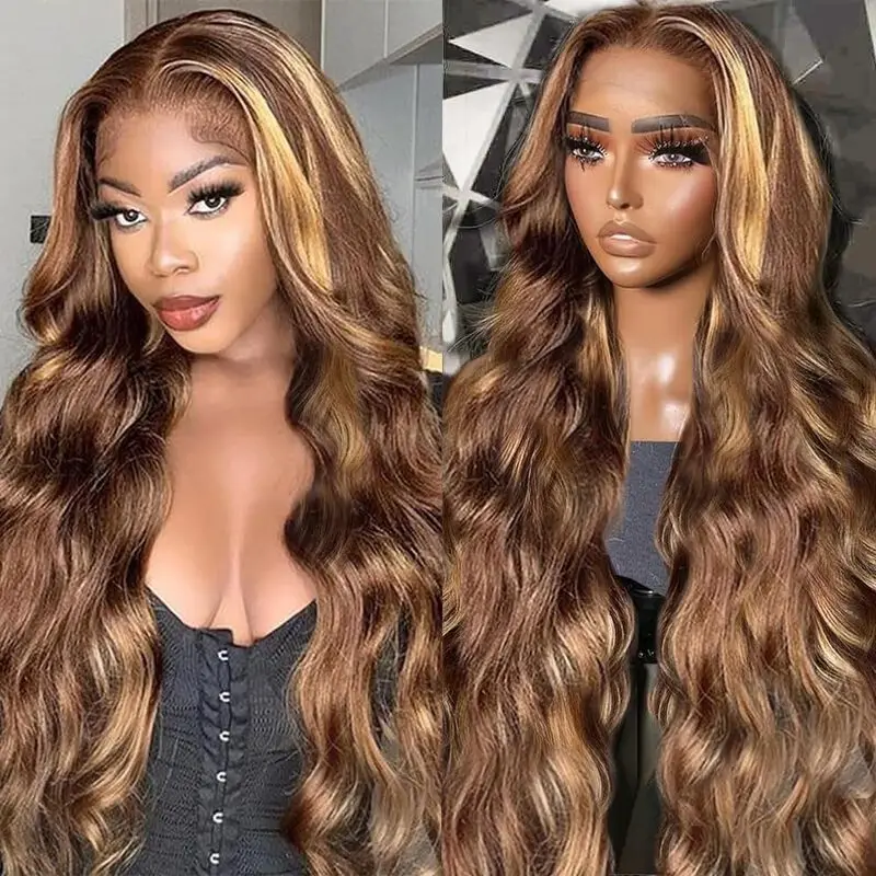 4/27 Ombre Honey Blonde Lace Front Wig Human Hair Body Wave 13X4 Honey Blonde Highlights With Chocolate Brown Lace Front Wig