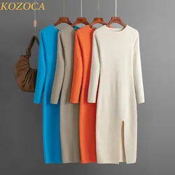 Kozoca Autumn Sweater Women Dresses O-neck Knitted Slim Solid Split Dress Casual Elegant Basic Female Warm Silky Cotton Dress