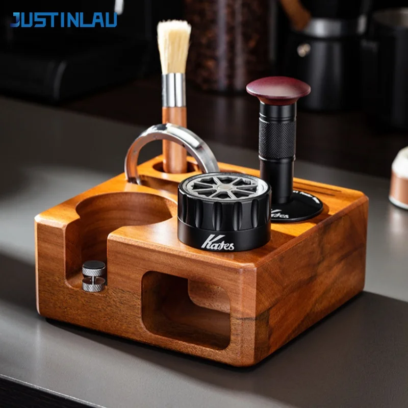 JUSTINLAU Square Walnut Wood Espresso Tamper Station Multifunction Portafilter Holder Storage Base for Distributor＆Puck Screen