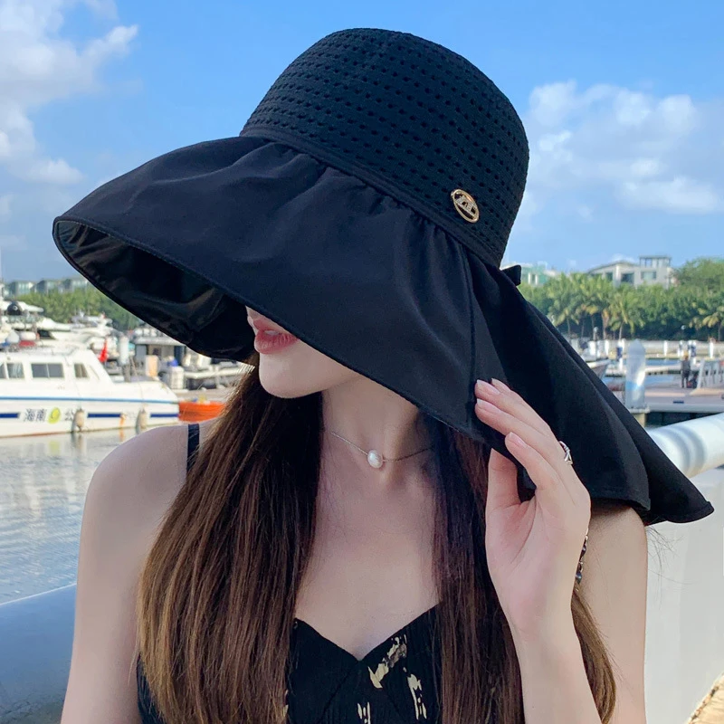 Summer Hat Women\'s Hollow Gold Label Neck Protection Sun Hat Seaside Large Brim Shawl Hat Covering Face Protection Sun Hat Thin