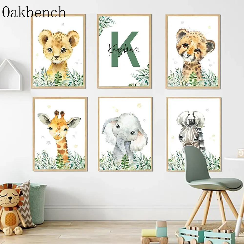 Jungle Animals Art Prints Name Custom Wall Art Lion Elephant Zebra Giraffe Wall Pictures Nursery Posters Baby Boys Room Decor