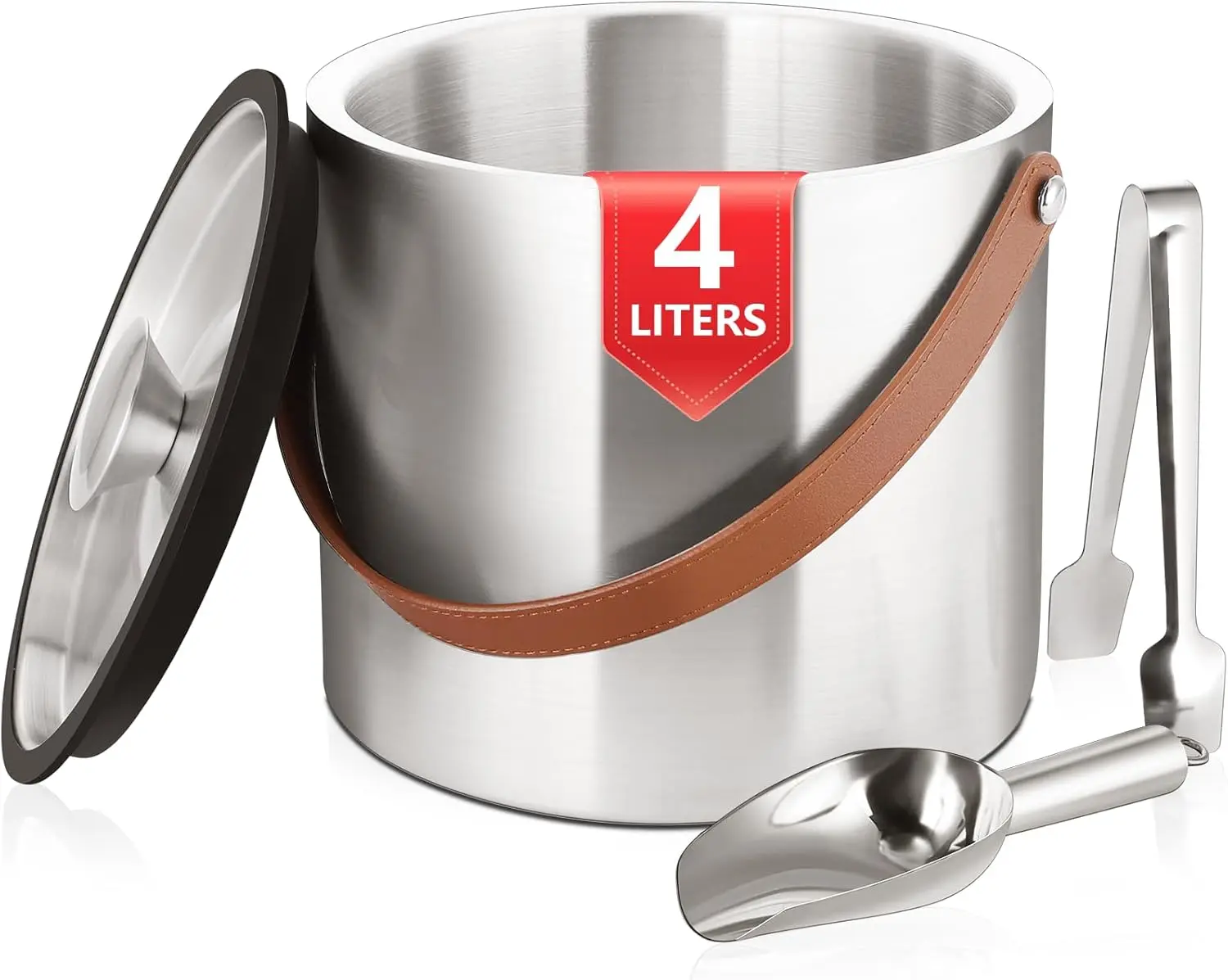 

4L Ice Bucket with Lid, Scoop,Tongs & Strainer, Stainless Steel Double Wall Insulated Ice Buckets for Parties & Cocktai