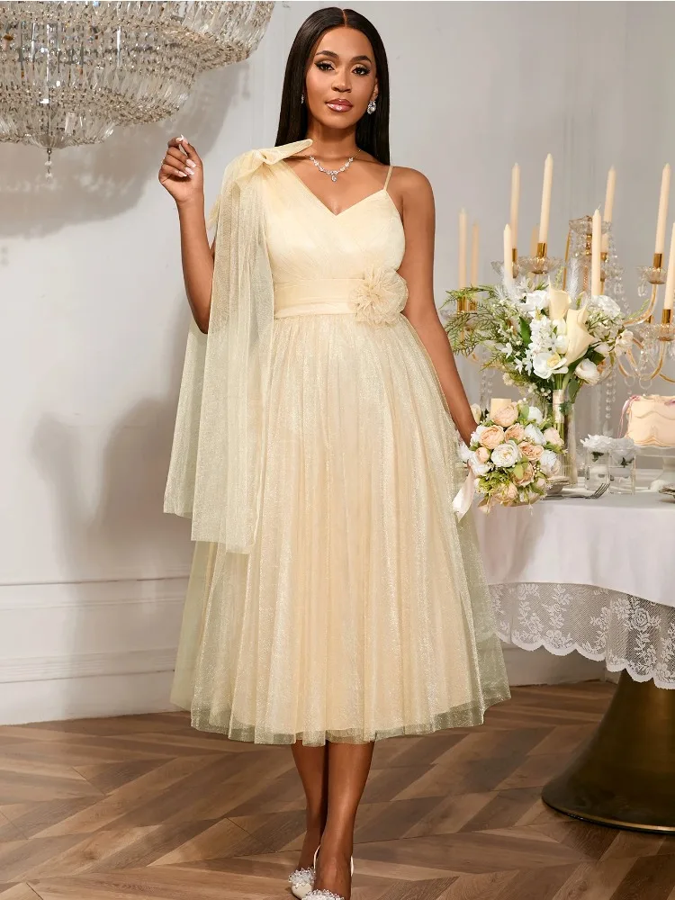 Elegant One-Shoulder Suspender Mesh Dress V Neck 3D Flower A Line High Waist Pleated Party Gown Bridesmaid Wedding Guest Dress