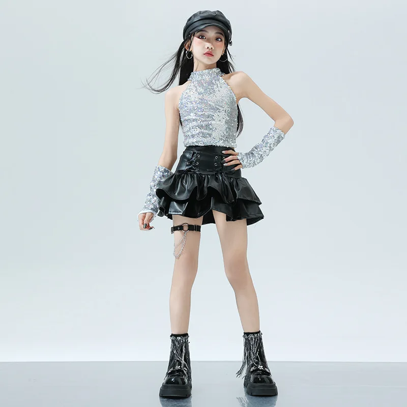 Girls K-pop Silver Jacket Leather Tiered Skirt Cargo Pants Clothes Set Kids Hip Hop Street Dance Costumes Child Teens Streetwear