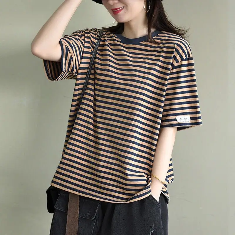 Vintage Plus Size Striped T Shirts Summer New Short Sleeve Loose Casual All-match Youth Tops Tees Casual Fashion Women Clothing