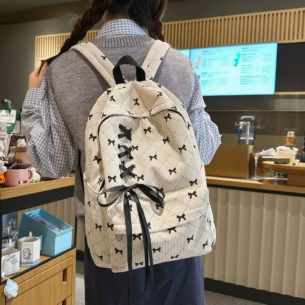 Sweet Large Capacity Corduroy Bow Backpack Lightweight Korean Style Bow Bag Adjustable Strap Double Shoulder Bag Students