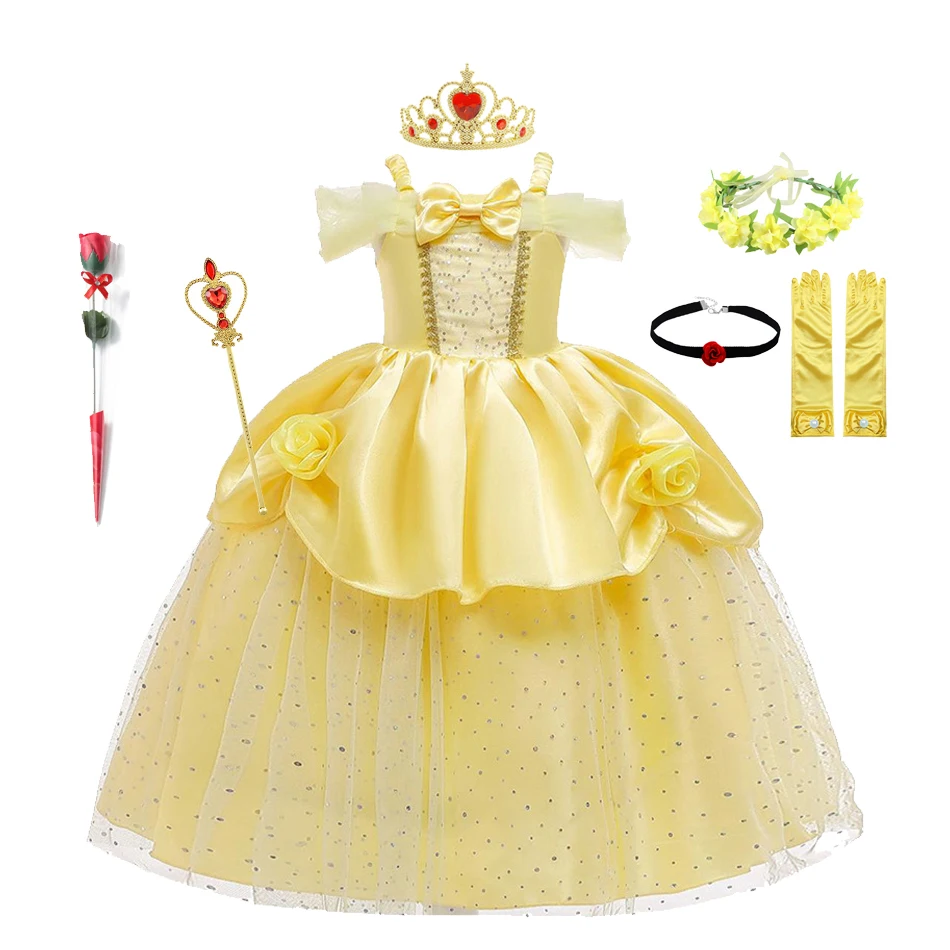 2022 Cosplay Belle Princess Dress Girls Dresses For Beauty and the beast Kids Party Clothing Magic stick crown Children Costume