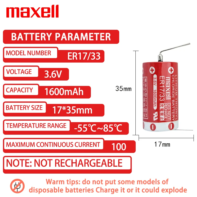 Maxell 1 pz 3.6v 1600mah ER17/33 ER1733 con spina a 2 fori controllo industriale sistema di allarme CNC batteria al litio spina personalizzabile