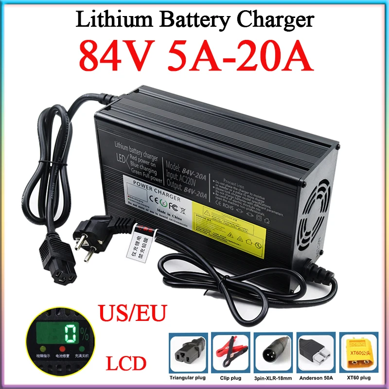 מטען סוללת ליתיום New84V 5A/8A/10A/12A/15A/20A עם מארז אלומיניום ותצוגת LCD בעוצמה גבוהה לגלגלי E-two במתח של 20S 72V עם טעינה מהירה