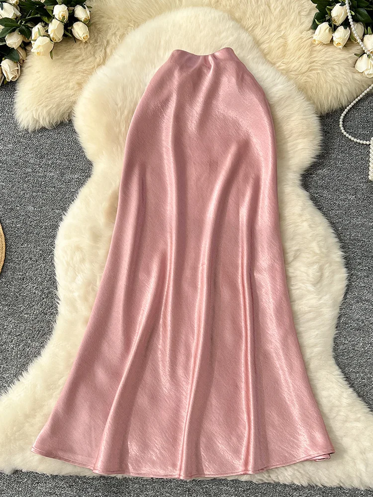 Women's Summer Skirt Korean Version High Waisted A-line Satin A High-end Feel Featuring Hanging Buttocks Fishtail Faldas SK037