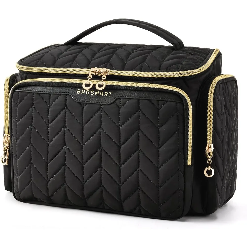 

BAGSMART Большая водонепроницаемая косметичка для путешествий — косметический органайзер с широким отверстием и карманами, легкий нейлон, черный