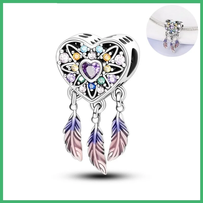 

925 Sterling Silver Dreamcatcher Charms Pendant with Cubic Zirconia,Fit DIY bracelet necklace Gift for Her，Colgante Plata