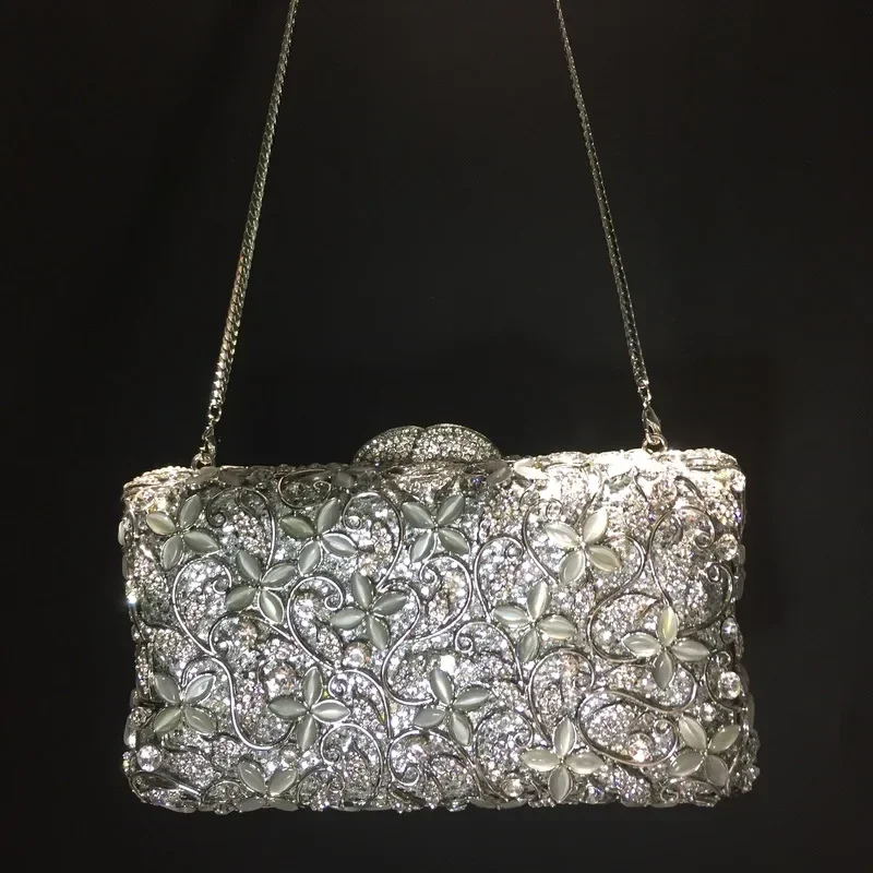 

Women Flower Gold Silver Color Crystal Evening Bag Luxury Diamond Minaudiere Clutch Wedding Party Handbags and Purses